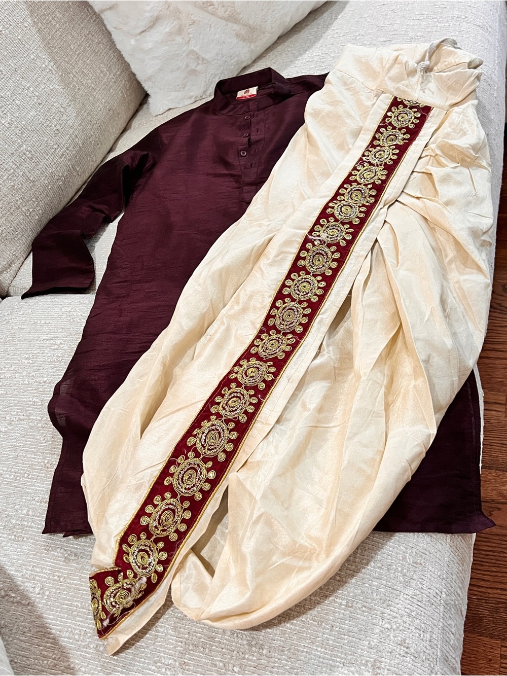 Kids Cream Embroidered dhoti with Burgundy Kurta